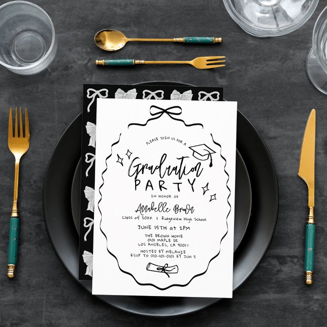 Hand-drawn Black Bow Cap Diploma Graduation Party Inbjudningar (Skapare uppladdad)