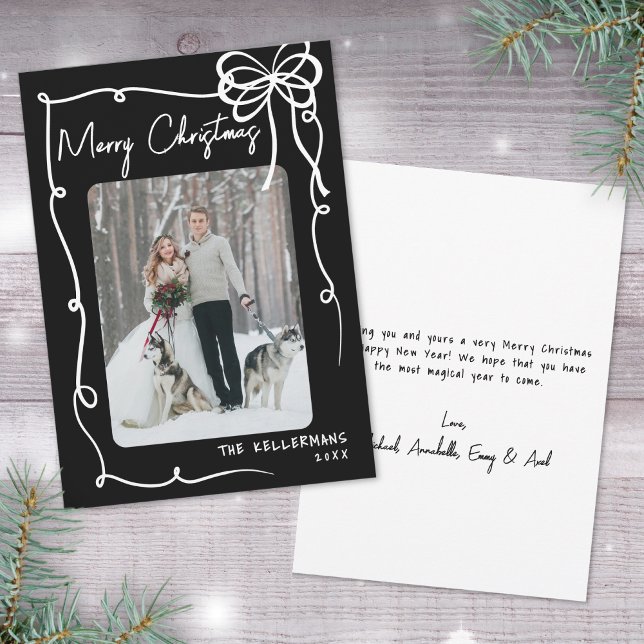 Hand Drawn Black Bow Whimsical Christmas Julkort (Hand Drawn Black Bow Whimsical Christmas Holiday Card)