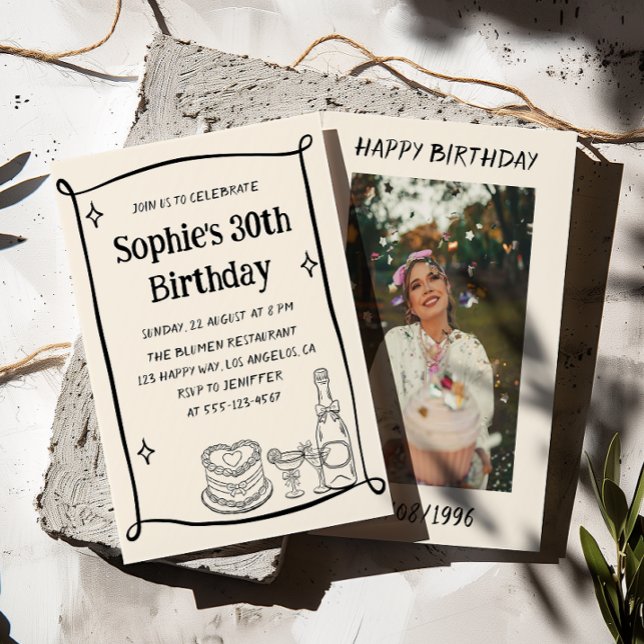 Hand Drawn Black & Cream 30TH Birthday Photo  Inbjudningar (Skapare uppladdad)