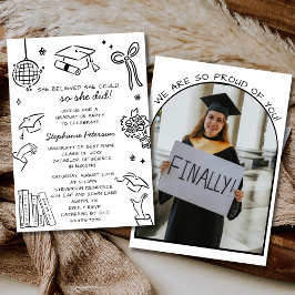 Hand Drawn Black & White Doodle Photo Graduation Inbjudningar