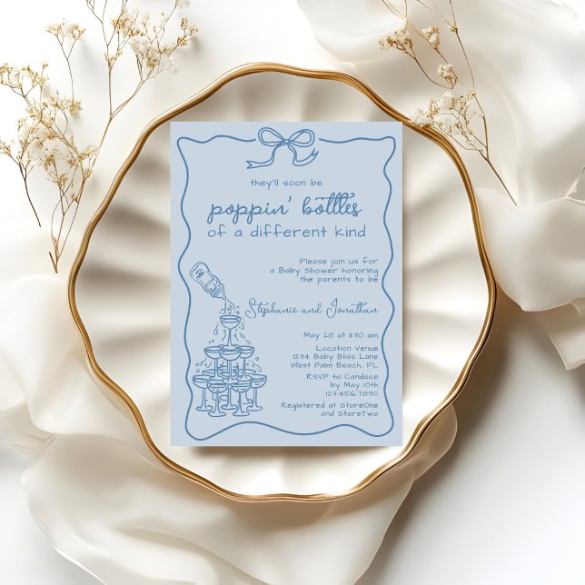 Hand Drawn Blue Bottle Champagne Tower Baby Shower Inbjudningar (Skapare uppladdad)