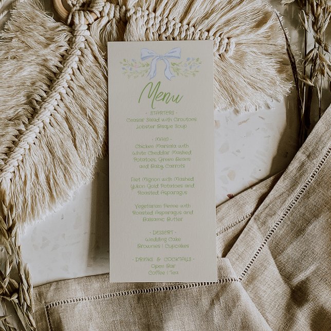 Hand Drawn Blue Bow Floral Summer Wedding Menu  Meny (Skapare uppladdad)