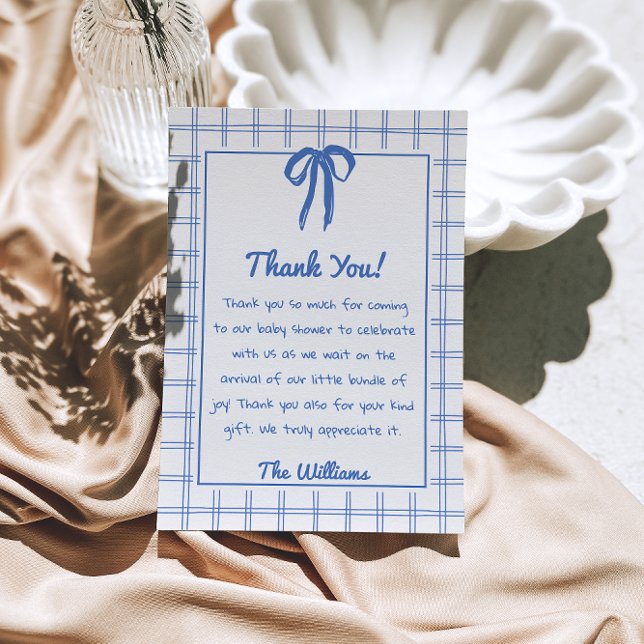 Hand Drawn Blue Bow Gingham Bow Baby Shower   Tack Kort (Skapare uppladdad)