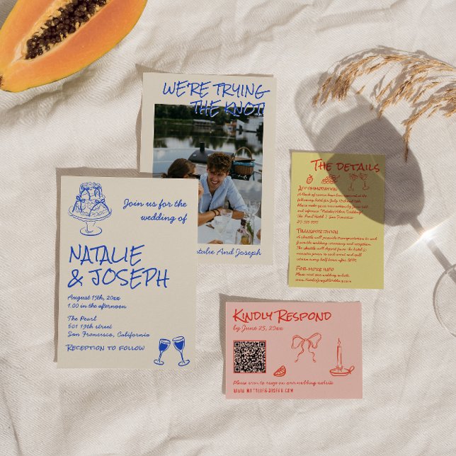 Hand Drawn Blue Cake Bows Funky Unique Wedding  Inbjudningar (Skapare uppladdad)