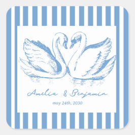 hand drawn Blue Couple Swan Whimsical Wedding Fyrkantigt Klistermärke