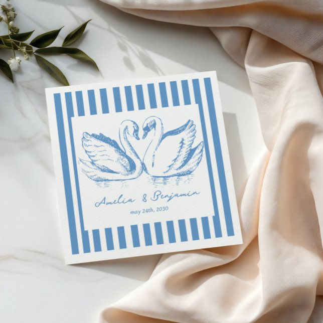 hand drawn Blue Couple Swan Whimsical Wedding Pappersservett (Skapare uppladdad)