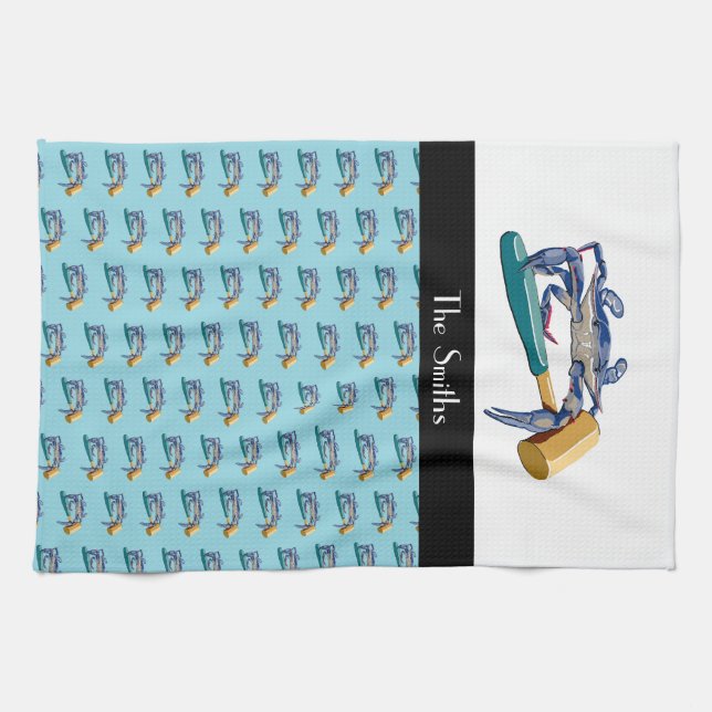 Hand Drawn Blue Crab with Hammer Mallet Customize Kökshandduk (Horisontell)