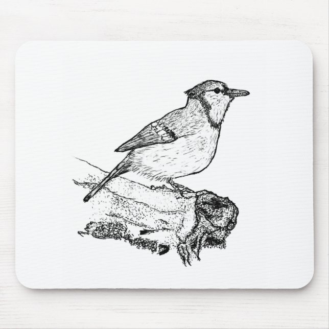 Hand-Drawn Blue Jay Stipple Art Mousepad Musmatta (Framsidan)