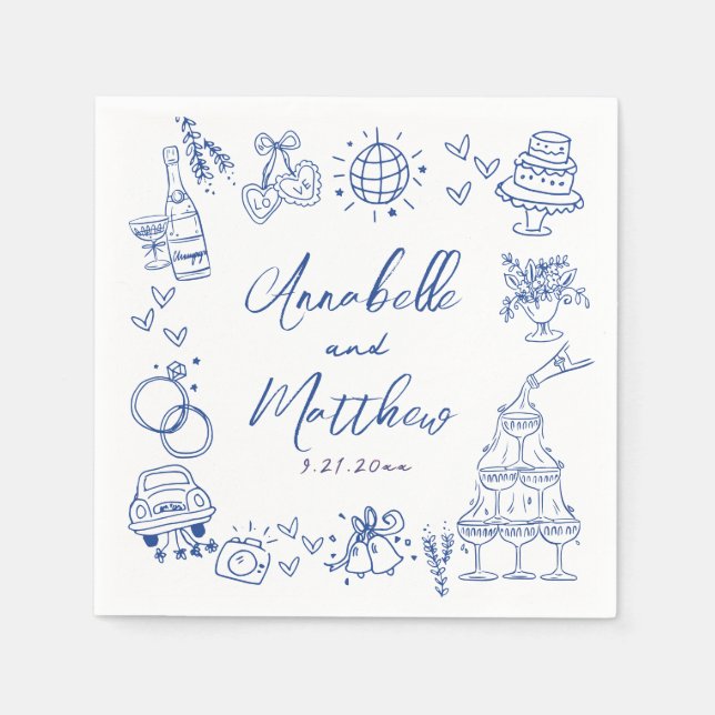 Hand Drawn Blue Whimsical Wedding Pappersservett (Framsidan)