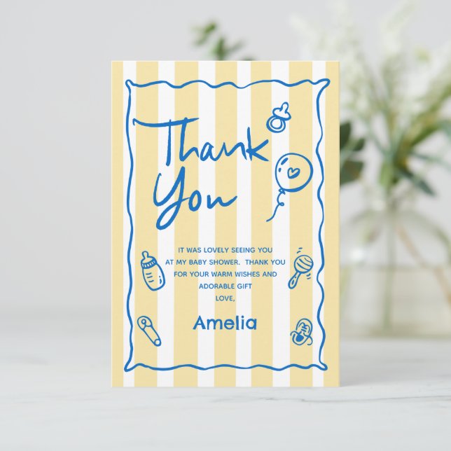 Hand Drawn Blue Yellow Ciao Baby Thank You Card Tack Kort (Stående Fram)