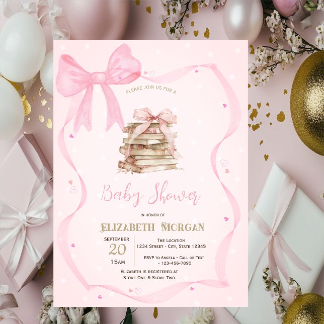 Hand Drawn Bow Frame Books Dots Baby Shower Inbjudningar (Skapare uppladdad)
