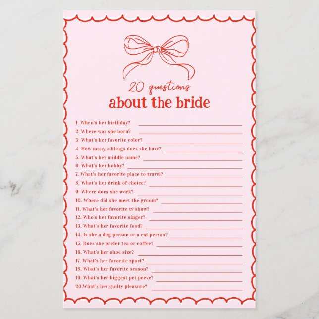 Hand Drawn Bow Red & Pink 20 Questions About Bride (Framsida)
