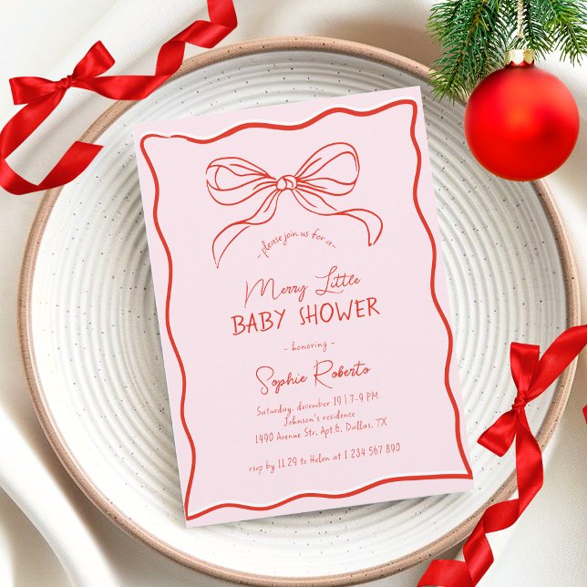 Hand Drawn Bow Red & Pink Merry Little Baby Shower Inbjudningar (Skapare uppladdad)