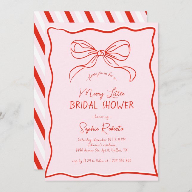 Hand Drawn Bow Red Pink Merry Little Bridal Shower Inbjudningar (Fram/baksida)