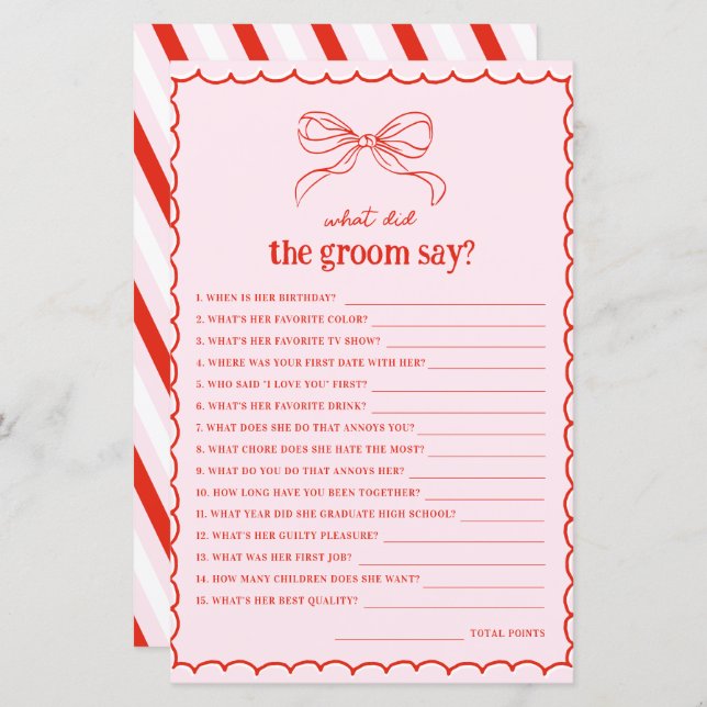 Hand Drawn Bow Red & Pink What Did the Groom Say (Fram/baksida)