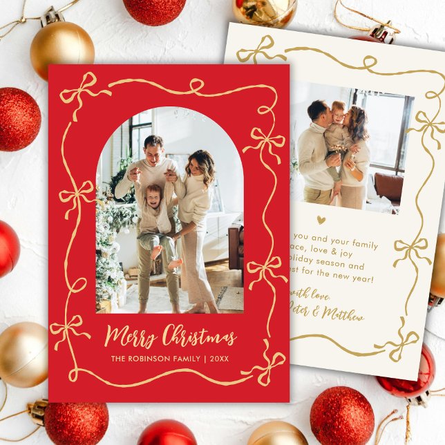 Hand Drawn Bows Arch 2 Photo Merry Christmas Red Julkort (Skapare uppladdad)