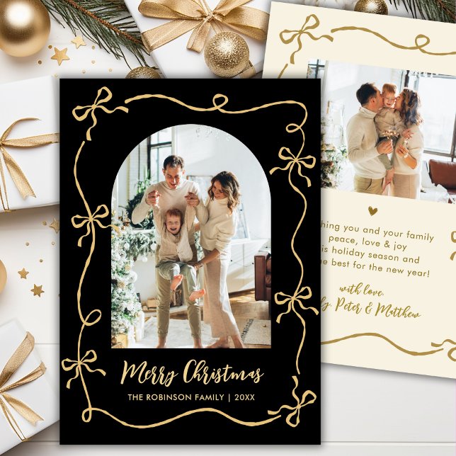 Hand Drawn Bows Arch Photo Merry Christmas Black Julkort (Skapare uppladdad)