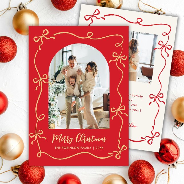 Hand Drawn Bows Arch Photo Merry Christmas Red Julkort (Skapare uppladdad)