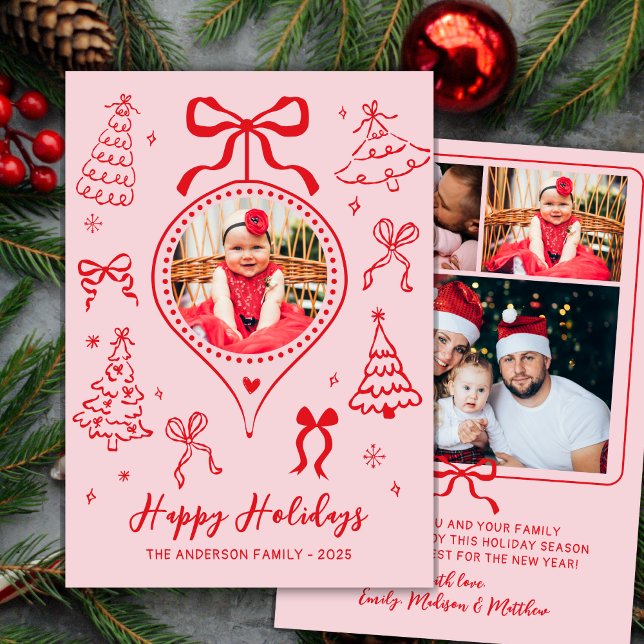 Hand Drawn Bows Photo Pink and Red Christmas Happy Julkort (Skapare uppladdad)