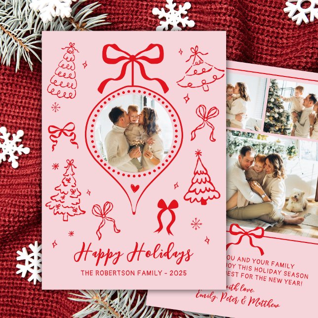 Hand Drawn Bows Photo Pink and Red Christmas Happy Julkort (Skapare uppladdad)