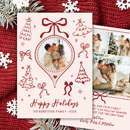 Hand-Drawn Bows Pink Red Photo Christmas Happy  Julkort