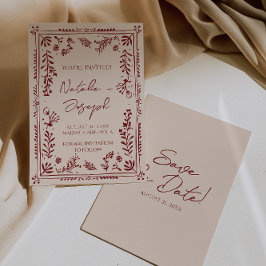 Hand Drawn Burgundy Deep Red Floral Garden Wedding Spara Datumet