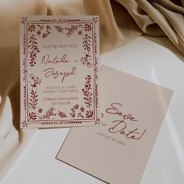 Hand Drawn Burgundy Deep Red Floral Garden Wedding Spara Datumet (Skapare uppladdad)