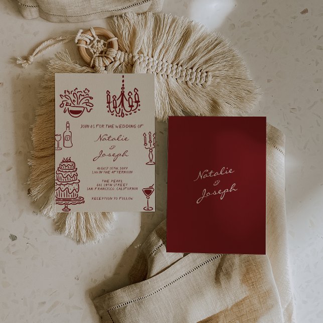 Hand Drawn Burgundy Romantic Whimsical Wedding Inbjudningar (Skapare uppladdad)