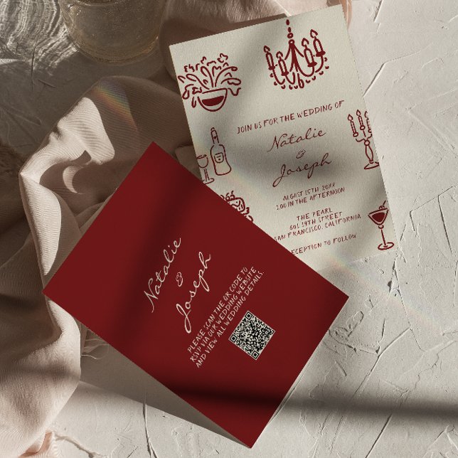 Hand Drawn Burgundy Whimsical QR Code Wedding Inbjudningar (Skapare uppladdad)