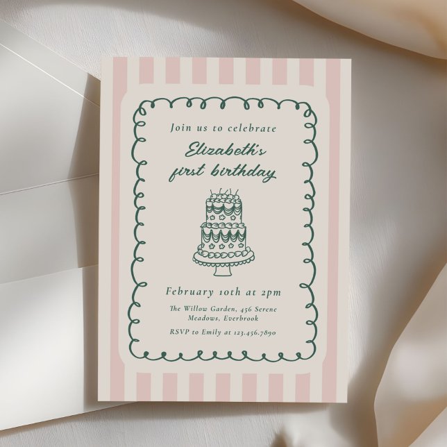 Hand Drawn Cake Quirky Unique 1st Birthday Inbjudningar (Skapare uppladdad)