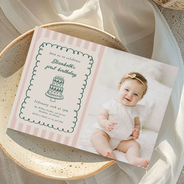 Hand Drawn Cake Quirky Unique 1st Birthday Photo Inbjudningar (Skapare uppladdad)