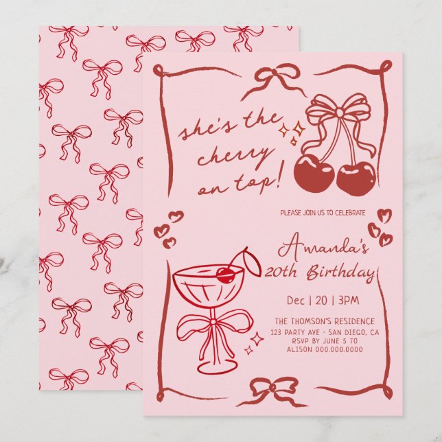  hand-drawn cherry martini birthday inbjudningar (Fram/baksida)