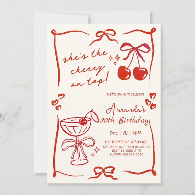 hand-drawn cherry martini birthday invitation inbjudningar (Framsida)