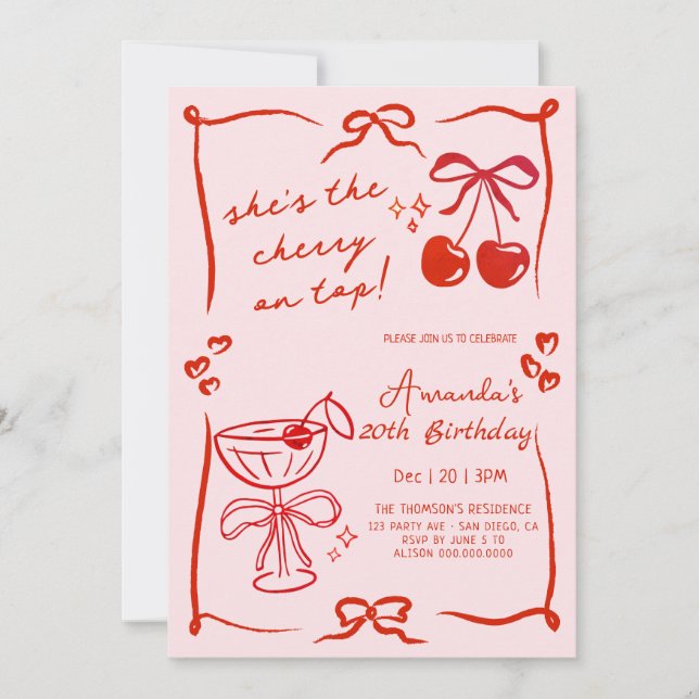 hand-drawn cherry martini birthday invitation inbjudningar (Framsida)