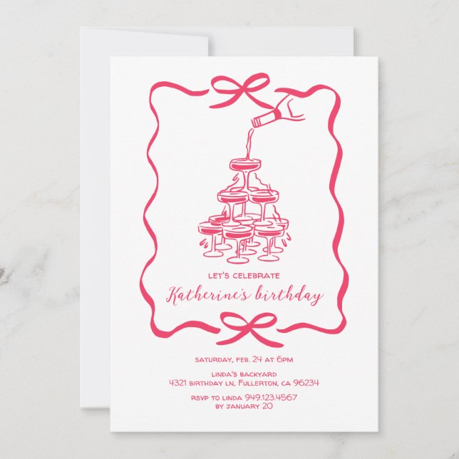 Hand Drawn Chic Pink Champagne Birthday Party Inbjudningar (Framsida)