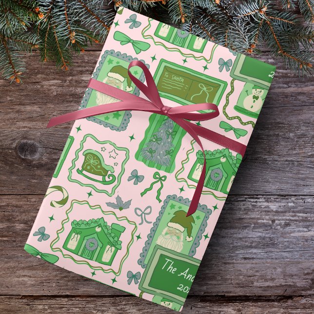 Hand Drawn christmas green pink custom name  Presentpapper (Skapare uppladdad)
