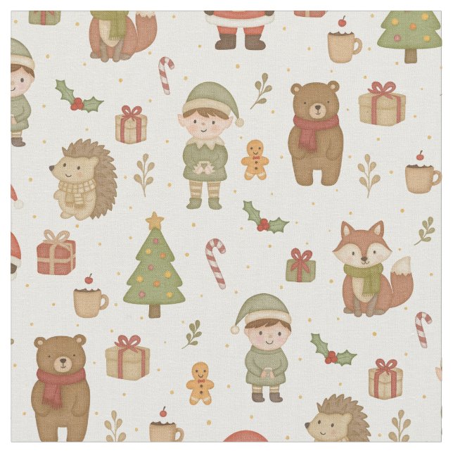 Hand Drawn Christmas Woodland Fabric Tyg (Närbild)