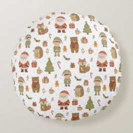 Hand Drawn Christmas Woodland Round Pillow Rund Kudde