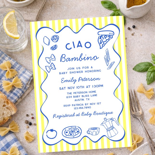 Hand Drawn Ciao Bambino Italian Boy Baby Shower Inbjudningar (Skapare uppladdad)
