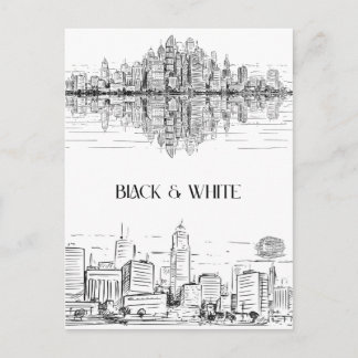 Hand Drawn City Line Art Skyline | Monochrome Vykort
