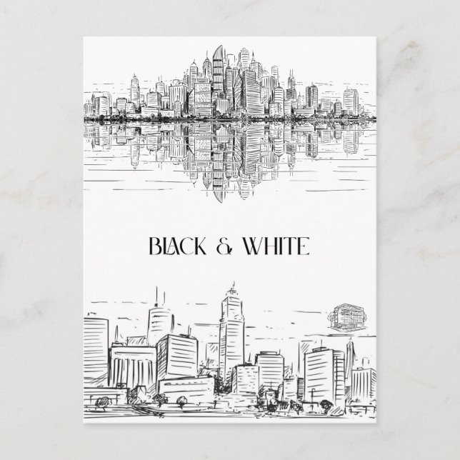 Hand Drawn City Line Art Skyline | Monochrome Vykort (Framsida)