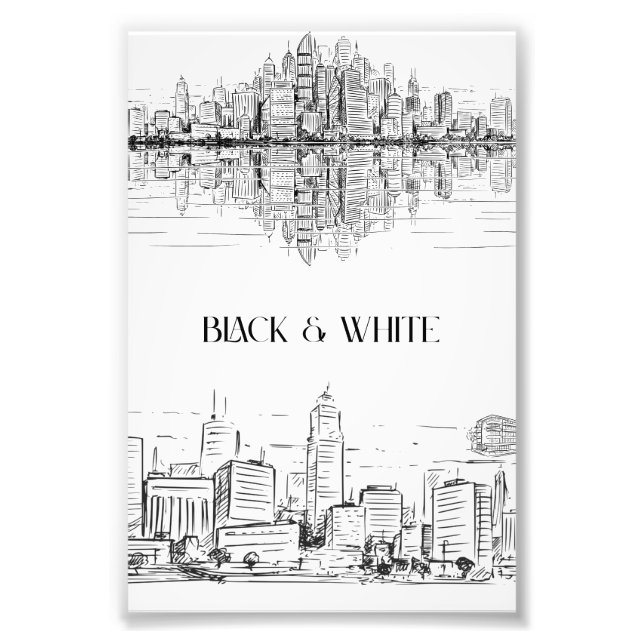 Hand Drawn City Skyline | Black and White Urban Fototryck (Framsidan)