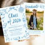 Hand Drawn Class of 2026 Blue Graduation Party Inbjudningar<br><div class="desc">Celebrate this incredible milestone in bold, modern style 💙🎓✨ This Hand Drawn Class of 2026 Blue Graduation Party Invitation is playful, confident, and full of personality. Featuring fun doodle icons, trendy handwritten typography, and fresh blue accents, this design blends modern charm with a clean, stylish layout. Graduation caps, books, bows,...</div>