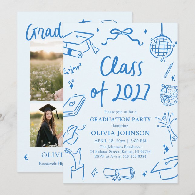 Hand Drawn Class of 2027 Blue Graduation Party Inbjudningar (Fram/baksida)