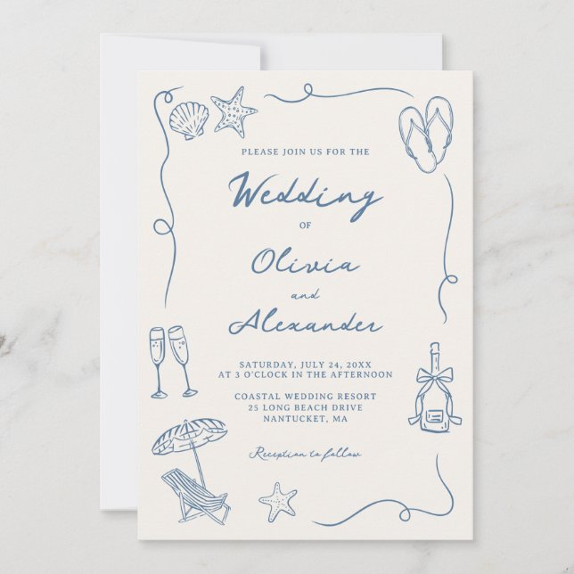 Hand Drawn Coastal Beach Dusty Blue Ivory Wedding Inbjudningar (Framsida)
