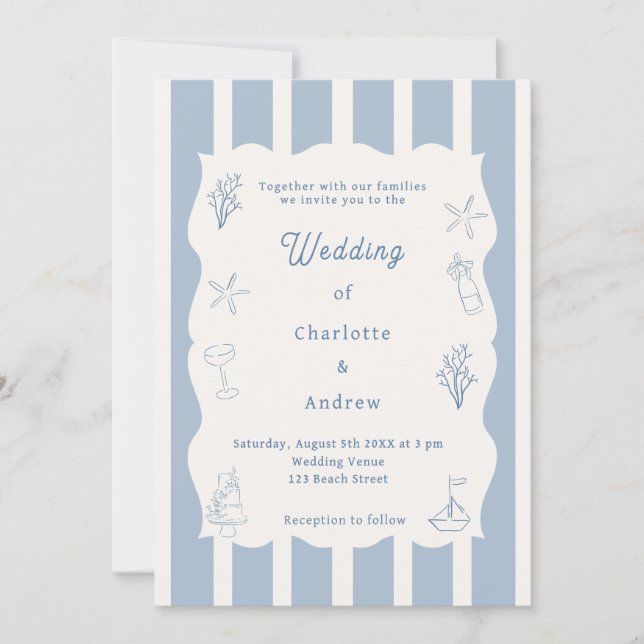 Hand drawn coastal beach dusty blue ivory wedding inbjudningar (Framsida)