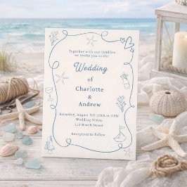 Hand drawn coastal beach dusty blue ivory wedding inbjudningar