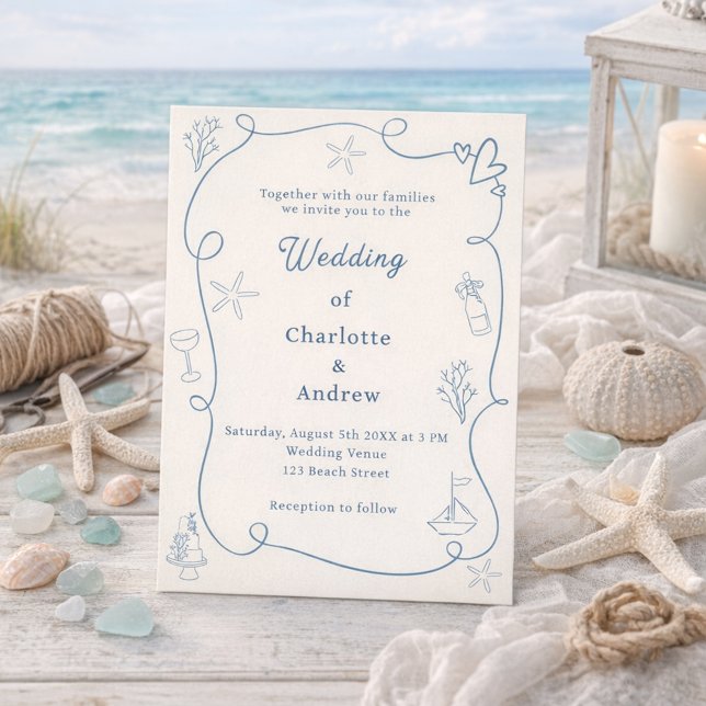 Hand drawn coastal beach dusty blue ivory wedding inbjudningar (Skapare uppladdad)