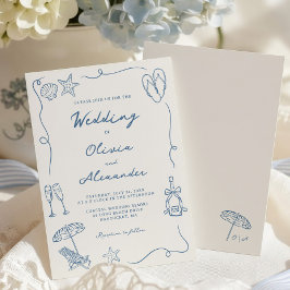Hand Drawn Coastal Beach Dusty Blue Ivory Wedding Inbjudningar