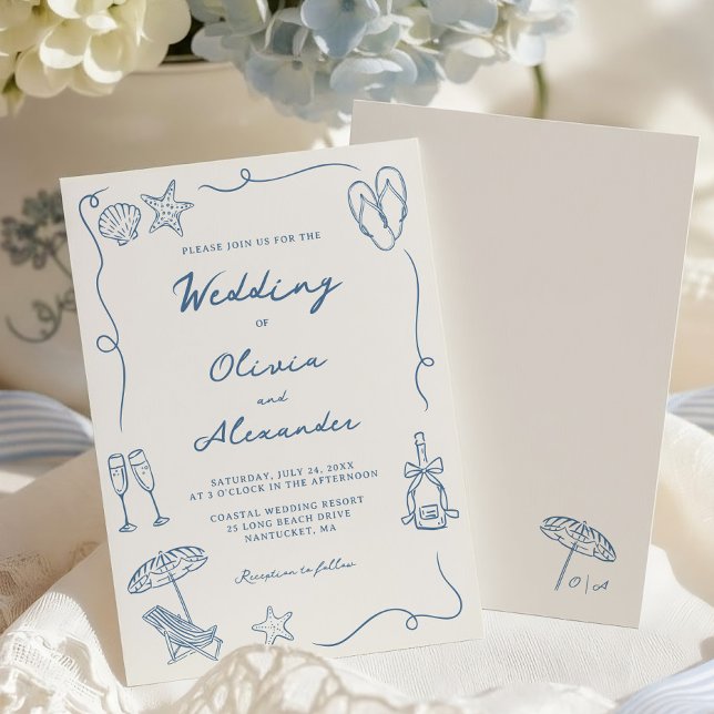 Hand Drawn Coastal Beach Dusty Blue Ivory Wedding Inbjudningar (Skapare uppladdad)